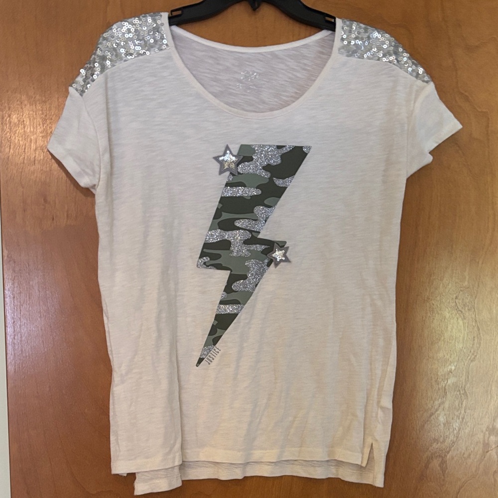 Justice White Tee with Silver Sequin Shoulders and Camouflage Lightning Bolt
